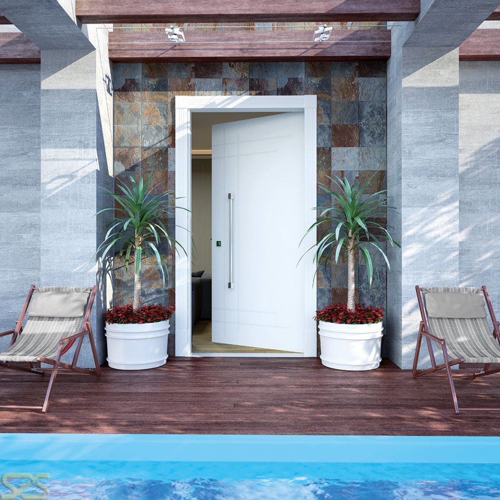 Porta externa da Madeiral em ambientação criada pelo Studio 25