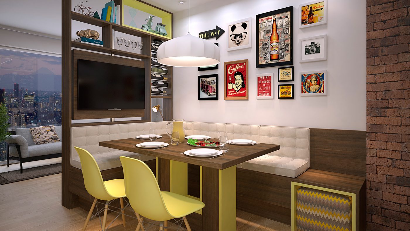 Área de jantar da Nova Soluções em imagem 3D produzida pelo Studio 25