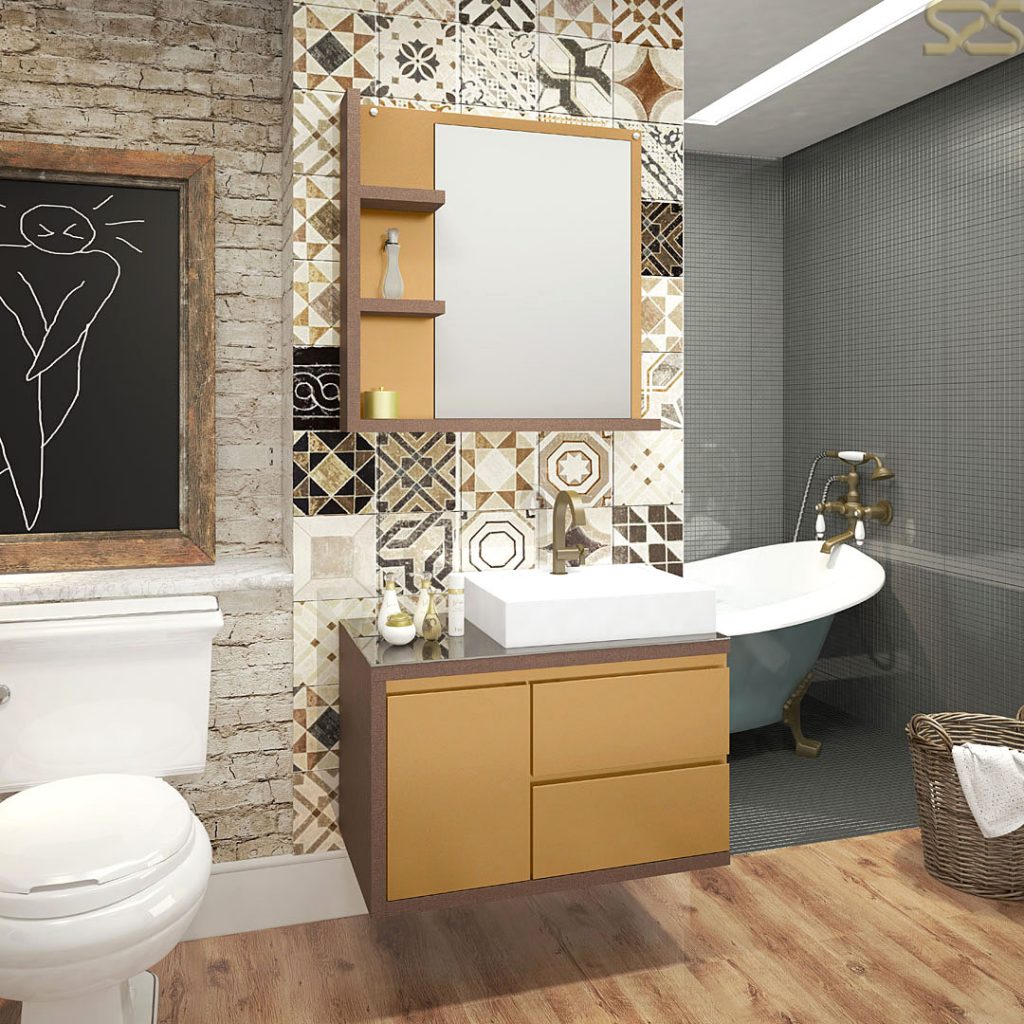Conjunto Rovere para banheiro da Berton Móveis em imagem produzida pelo Studio 25