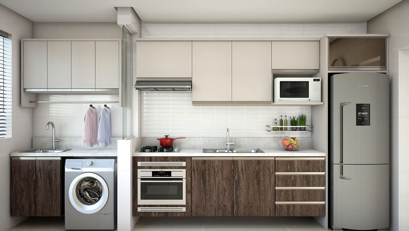 Cozinha compacta com lavanderia da Celmobile em imagem publicitária produzida pelo Studio 25