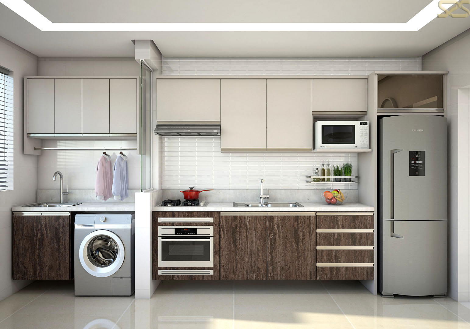 Cozinha compacta com lavanderia da Celmobile em imagem publicitária produzida pelo Studio 25
