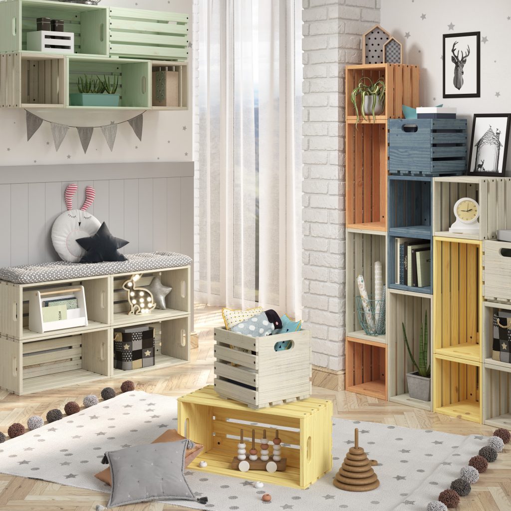 Imagem destaque para uma produção em render 3d para este ambiente infantil. Nosso cliente fabrica estes módulos (estilo engradados retro) para compor todo tipo de aplicação. Interessante né? Saiba mais sobre as imagens do Studio 25 pelo whatsapp 47 99993 1916