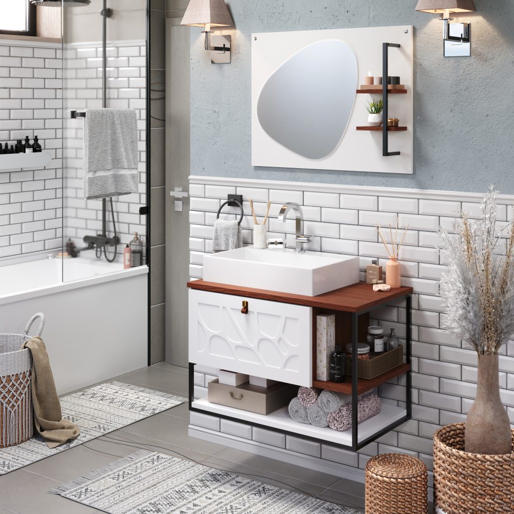 Imagem produzida pelo Studio 25 para o fabricante deste balcão para banheiros em render 3d